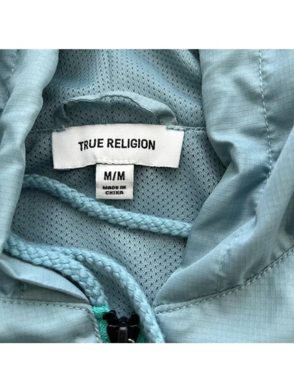 True Religion Windbreaker Jacket Mens M Teal Blue Green Full Zip Hooded
